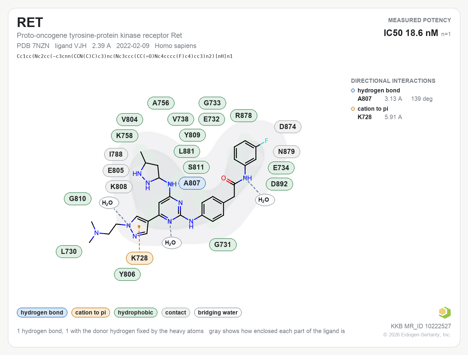 Contact map for RET with ligand VJH from PDB entry 7NZN, IC50 18.6 nM in the Kinase Knowledgebase, showing the measured interactions on the flat structure